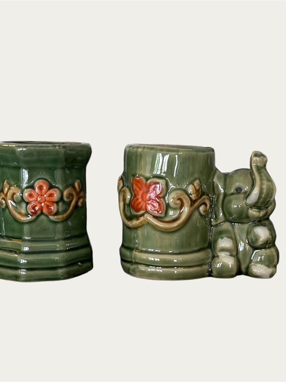 Vintage Majolica Lucky Elephant Green Ceramic Bamboo Planter set of 2